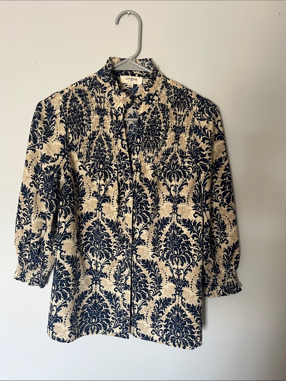 Umgee Navy and Cream Damask Button-Down Blouse